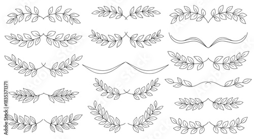 Collection of hand-drawn elegant leaf dividers, laurel wreaths, and botanical borders in a simple line art style.