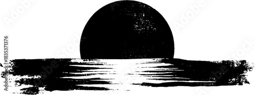 Black and white stencil illustration of a sleeping moon with ocean horizon