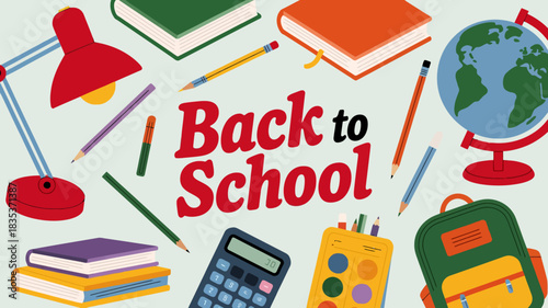 A vibrant and colorful illustration depicting essential school supplies arranged around the text back to school perfect for educational and seasonal promotions