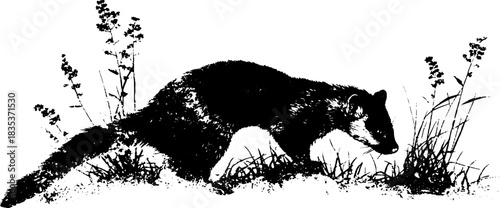 Black and white stencil illustration of woodland animal among grass and plants