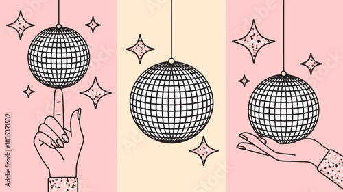 Whimsical illustration of three hanging disco balls with sparkling starbursts and hands interacting with them set against a soft pink and cream background evoking a retro party atmosphere
