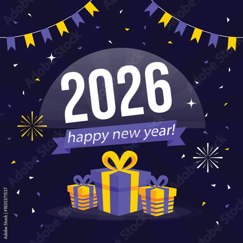 Happy New Year 2026 and Merry Christmas corporate blue social media backgrounds with fireworks - Templates for company marketing stories, square, portrait posts