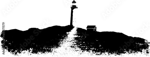 Black and white stencil of lighthouse on rocky hill - perfect for nautical designs
