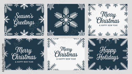Collection of six festive christmas and holiday greeting cards featuring elegant snowflake designs and warm seasonal messages in a classic dark blue and white color palette
