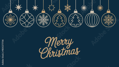 Elegant merry christmas greeting card featuring a row of stylized decorative christmas ornaments with intricate geometric and snowflake designs hanging against a deep blue background