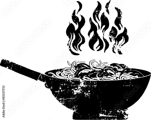 Rustic black and white stencil of street wok with noodles and flames for urban kitchen art