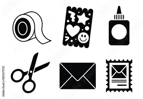 Journaling and scrapbooking solid icon set, vector collection of crafting accessories including washi tape, sticker sheets, scissors, glue, envelopes, and stamps