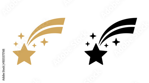 Golden and black stylized shooting star with sparkling accents representing wishes dreams and celestial events presented as a clean vector graphic