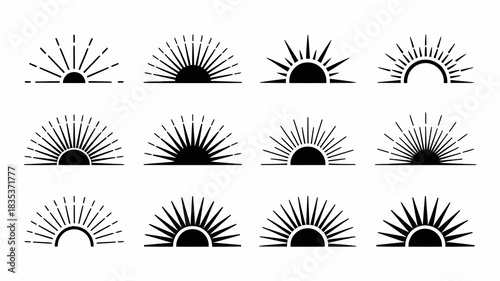 Collection of twelve stylized sunburst and sunrise emblems in black and white featuring radiating lines and semicircular shapes ideal for graphic design and branding