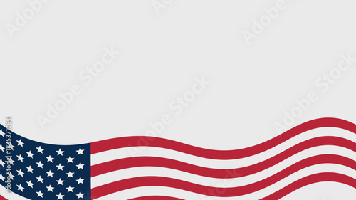 Abstract wavy american flag design with stars and stripes flowing across a light gray background symbolizing patriotism and national pride with copy space