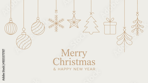 Elegant minimalist line art christmas ornaments and decorations hanging against a soft cream background with merry christmas text