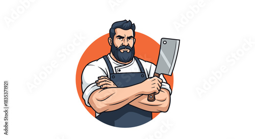 Cartoon illustration of a strong, bearded butcher or chef in an apron, confidently holding a meat cleaver with his arms crossed.