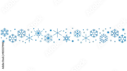 A delicate horizontal border pattern of various blue and white snowflakes and tiny dots on a clean white background perfect for winter holiday designs and festive celebrations