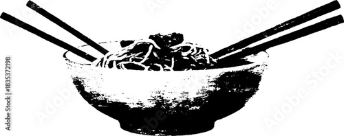 Black and white stencil of steaming noodle bowl with chopsticks