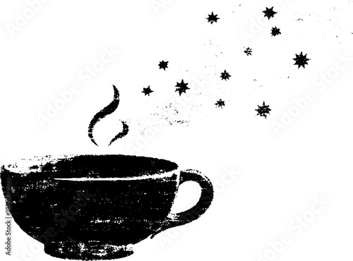 Black and white stencil illustration of a teacup with rising vapor and stars for artistic design