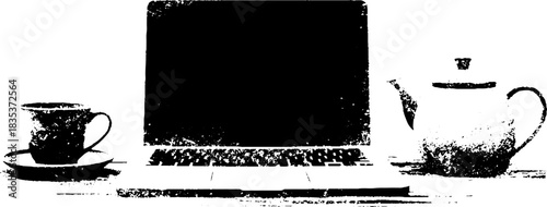 Black and white stencil art of a tidy workspace featuring laptop and tea set