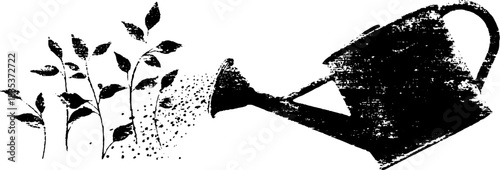 Grunge style black and white watering can illustrating growth and nature design