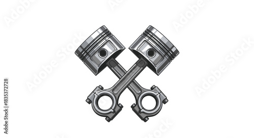 Two shiny, silver engine pistons and connecting rods crossed in an 'X' shape, representing automotive mechanics and power.