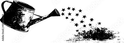 Black and white stencil illustration of a watering can pouring star shapes