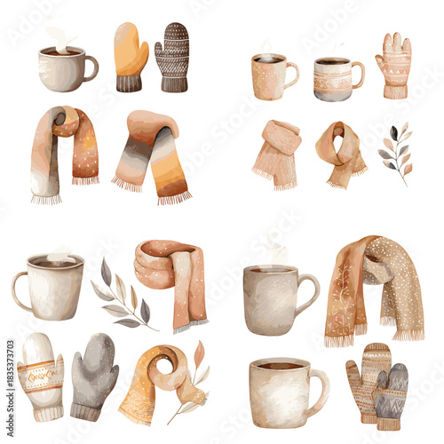 A warm watercolor set of cozy mugs, scarves, and mittens in soft earthy tones, perfect for winter themes, hygge design, seasonal decor, and comforting creative artwork.
