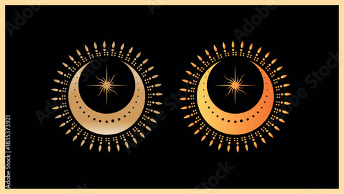 Golden crescent moons with stars and sunbursts on a black background