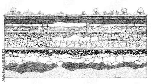 Black and white line drawing of a cross section view trough different types of soil layers in the ground for architecture