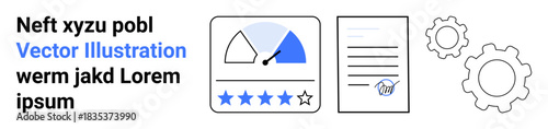 Business analysis, quality rating, document approval, process optimization, customer feedback, project management. A rating scale, contract document and gear icons. Business analysis and quality