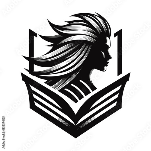 A woman emerging from a book logo design in black and white on a transparent background