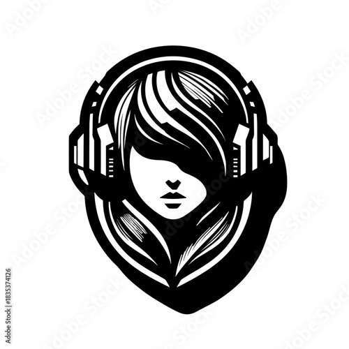 A girl with long hair wearing large headphones icon on a white background