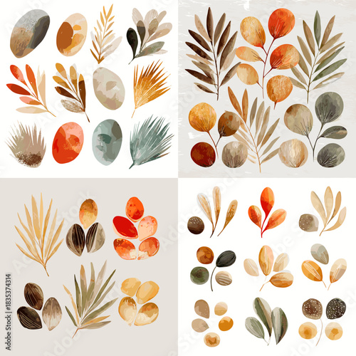 A warm watercolor collection of leaves, branches, and organic shapes in autumn tones of orange, brown, olive, and gold, ideal for seasonal decor, natural design, and rustic artwork.
