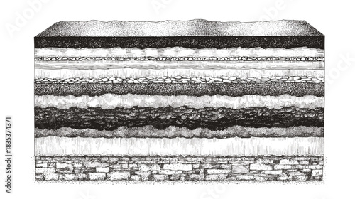 Black and white line drawing of a cross section view trough different types of soil layers in the ground for architecture