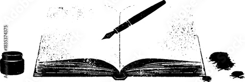 Black and white stencil illustration of open notebook with ink pen for creative journaling and design