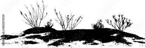 Black and white stencil art of bare desert shrubs - urban graffiti design for posters