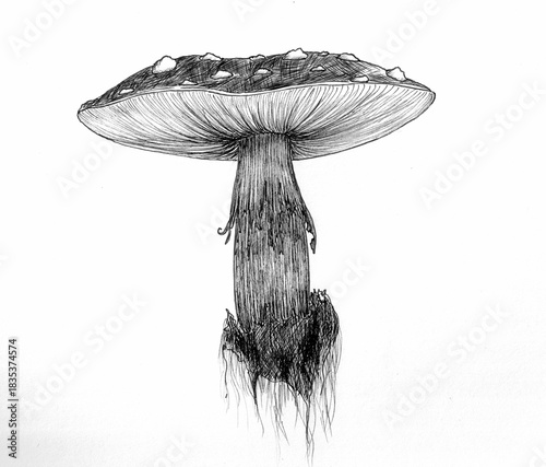 Detailed hand-drawn sketch of a toxic fly agaric toadstool. Vintage ink line art of a poisonous forest mushroom for botany and nature themes.
