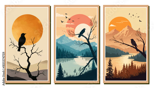 Vintage landscape with birds, mountains, forest silhouettes, sunset sky, nature illustration, wildlife art, scenic panoramic design for wall decor.
