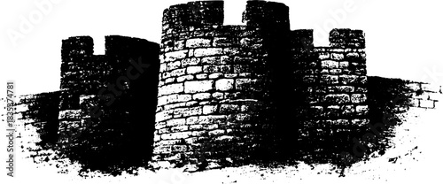 Black and white stencil of blocky geometric fortress with urban grunge texture for design