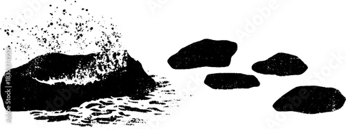 Black and white stencil of breaking sea foam with rocks for nature design