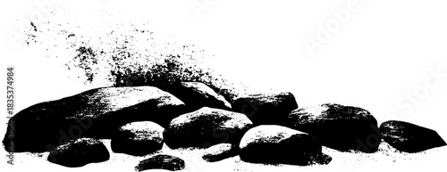 Ocean wave breaking over rocks in black and white stencil art for coastal decor