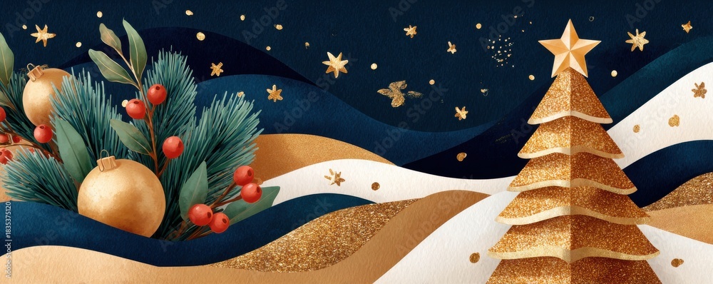 Obraz premium Golden Christmas tree with glittering ornaments and star accents in a festive, luxurious winter scene