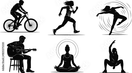 Activity silhouette set, cycling, running, dancing, yoga, guitar playing, cad drawing, flat vector illustration, black design, mindful poses