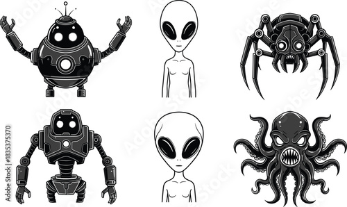 Alien robot monster, sci-fi creature, futuristic character, tentacled beast, mechanical alien, fantasy enemy, cad drawing flat vector illustration