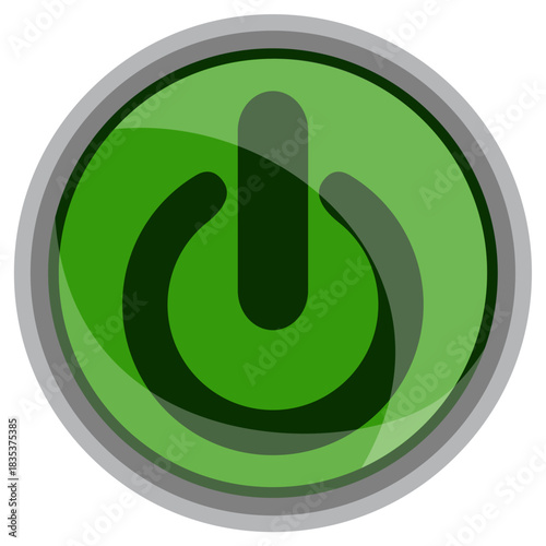 A shiny, round green power button icon with a glossy effect