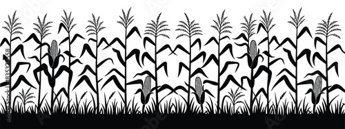 Black Corn Field Silhouette Vector Illustration Showing Maize Plants in Dark Minimal Style for Agricultural Artwork Background, Creative Landscape Design, and Graphic Use