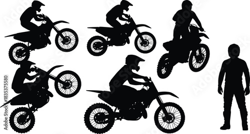 Dirt bike silhouette, motocross action, off-road rider, helmet gear, stunt jump, racing sport, cad drawing flat vector illustration