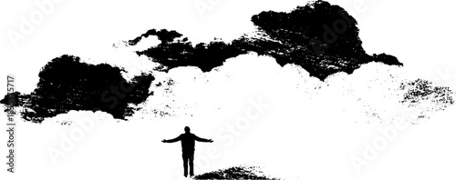 Dramatic clouds parting stencil art with solitary figure in black and white for wall décor or poster
