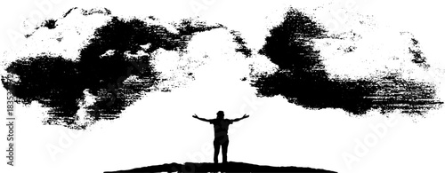 Monochrome clouds parting above silhouette with open arms in stencil art