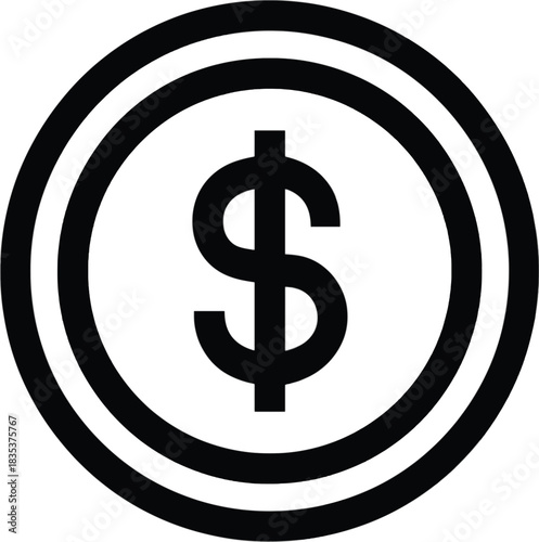 Black and white dollar coin icon with concentric circles