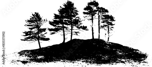 Black and white stencil of coarse hillside heath with trees for nature art design