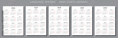 2026, 2027, 2028, 2029, 2030 spanish year calendars. Printable vector illustration set for Spain