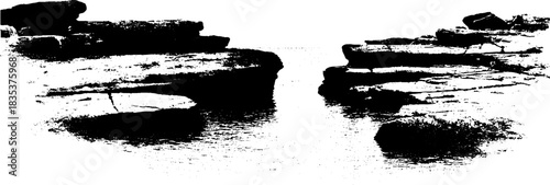 Black and white stencil art of coastal rock pools for nature design